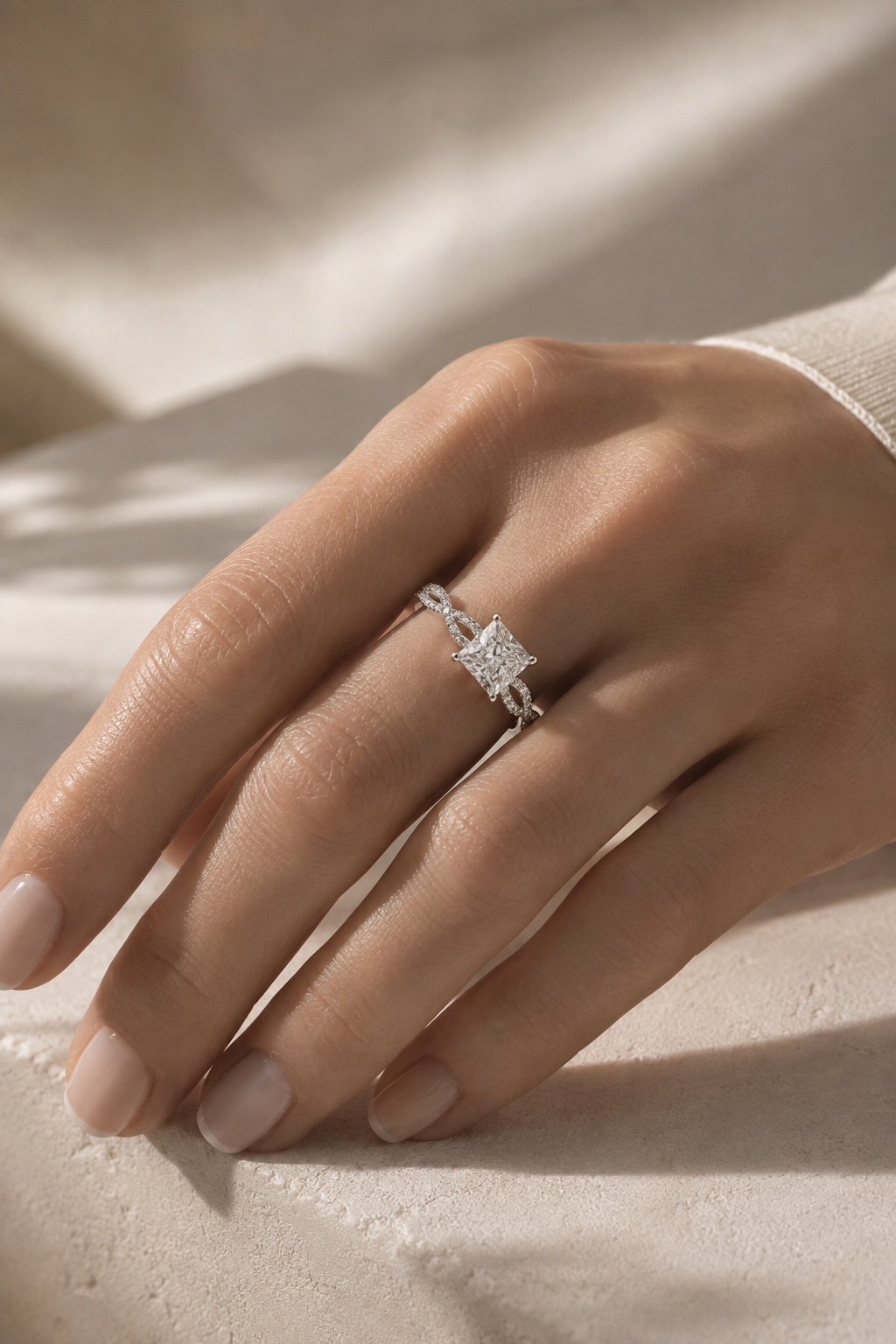 Diamond engagement ring worn on the hand